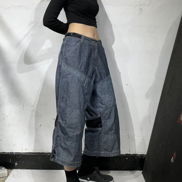 00s 후부 진청 올드스쿨 스케이트 힙합 버뮤다 데님 반바지 