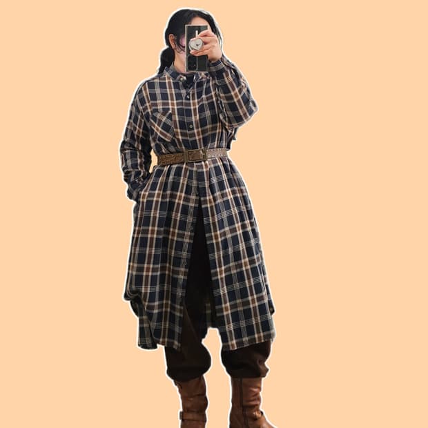 HK Works London 네이비 브라운 헨리넥 롱셔츠