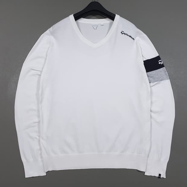 L 100) 테일러메이드 골프 신형 소매 배색 브이넥 니트 스웨터 화이트