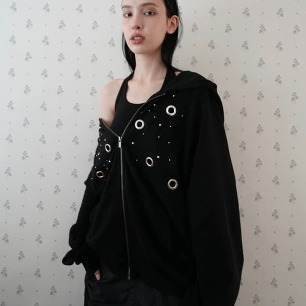 페인츄얼 스터드 써클 링 후드집업 블랙