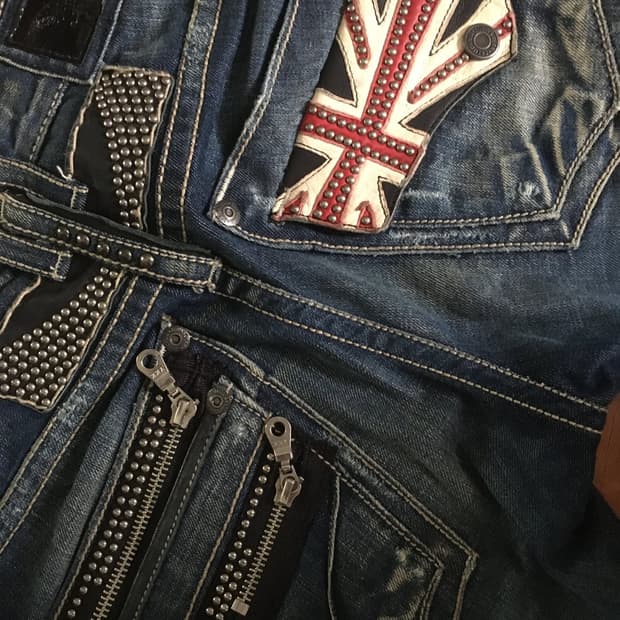 Robins Jeans 스터드 유니언잭 지퍼 데님 팬츠