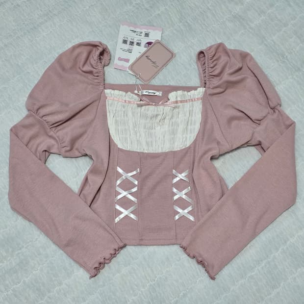 아바일 핑크 히메갸루 퍼프리본 니트블라우스