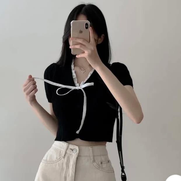 에이블리 코튼로그 리본 반팔 니트