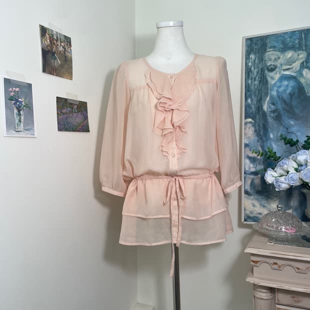 coral ruffle waist bow chiffon blouse