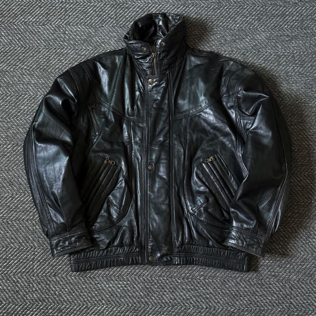 90s 블랙 쉽스킨 레더 모토 봄버 자켓 (105)