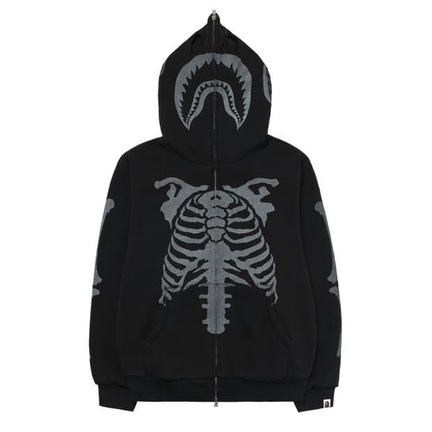 (L)베이프 스켈레톤 샤크 헤비 워시드 크롭 핏 풀 집 후드 블랙 