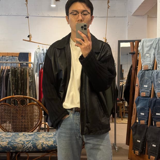 90s BASCO Leather Ribbed Knit Jacket