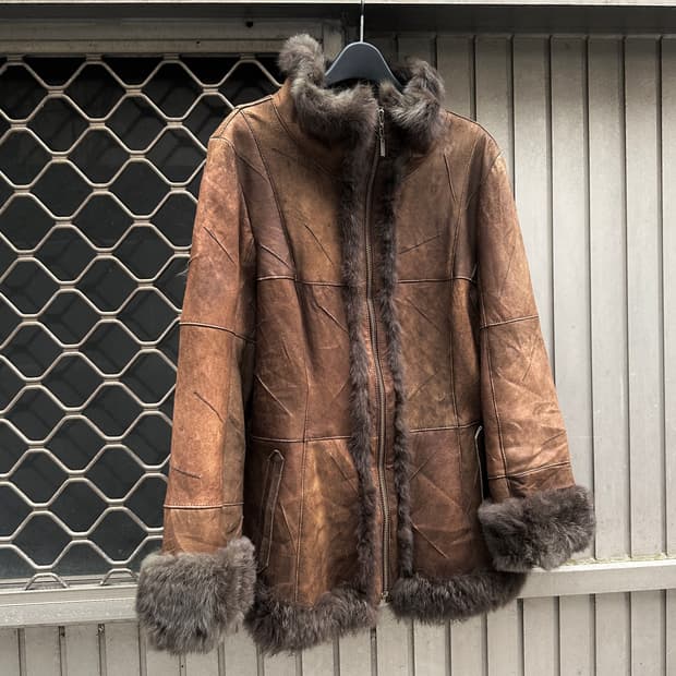 Rabbit brown fur trimming jacket