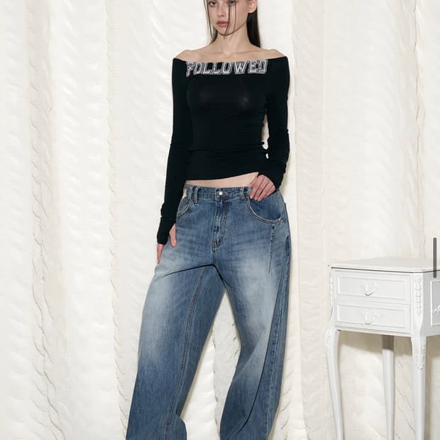 플노팔 데미지 워싱 와이드 데님 워시드 블루 M