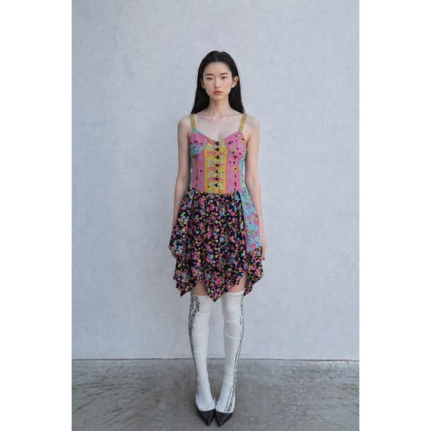 믹스 패턴 민소매 원피스