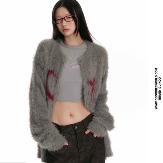 JIKOO 소프트 모헤어 자카드 밍크 니트 스웨터 가디건