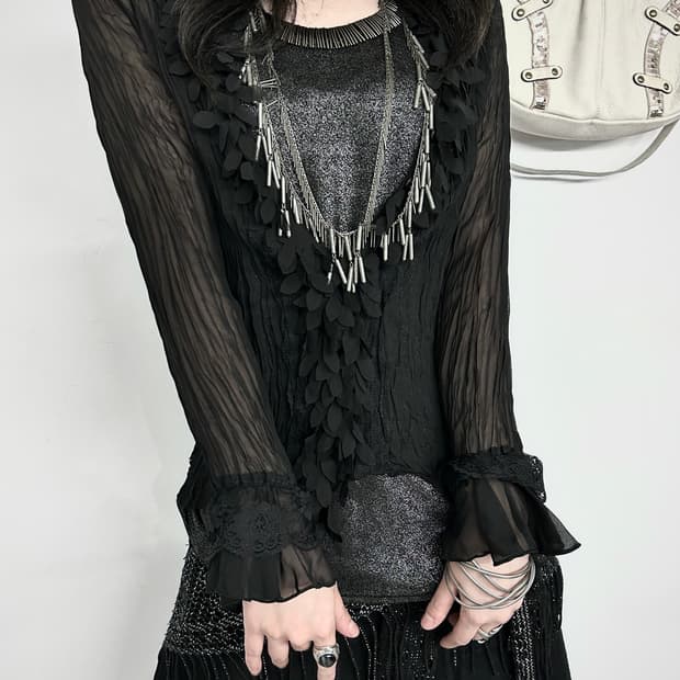 Frill Pleats See-through Cardigan