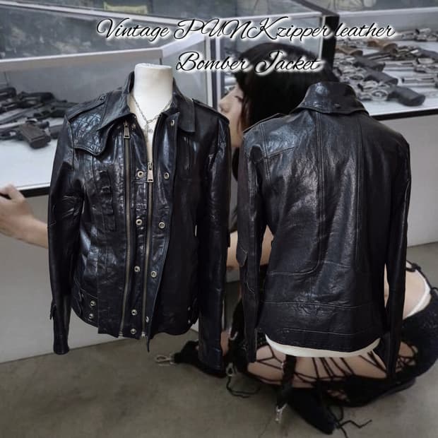 Vintage PUNK zipper leather Bomber Jacke