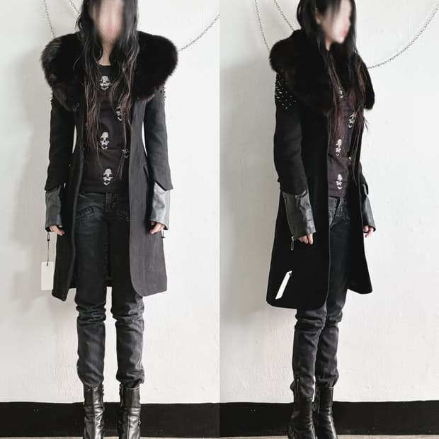 rare* 필립플레인 폭스퍼 칼라 레더슬리브 스터드 롱코트