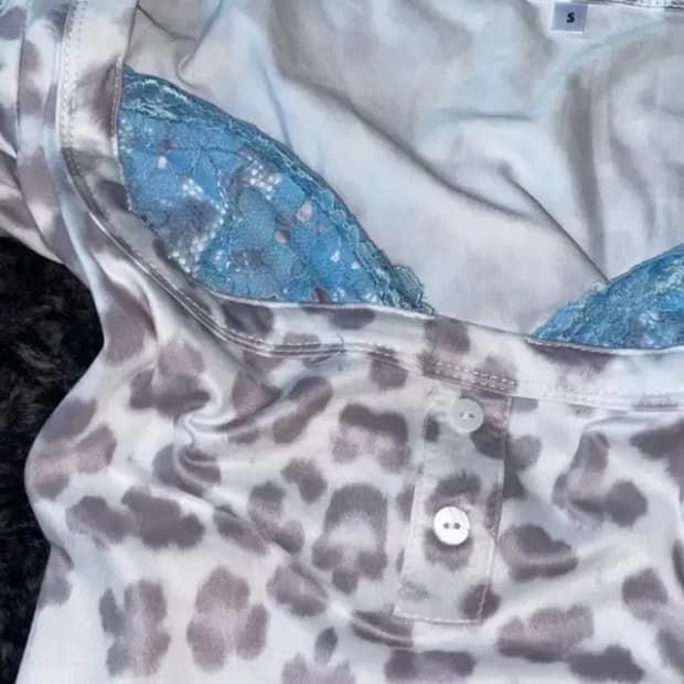 빈티지 레오파드 레이스 탑 갸루 긴팔 티셔츠