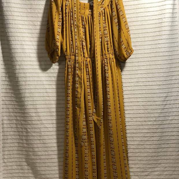 빈티지 머스터드 쉬폰 5부 모리걸 롱 원피스