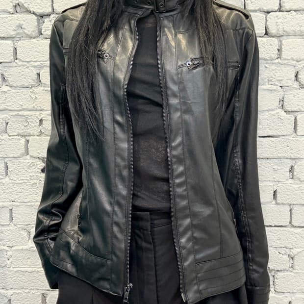 Buckle-Neck Vegan Leather Rider Jacket