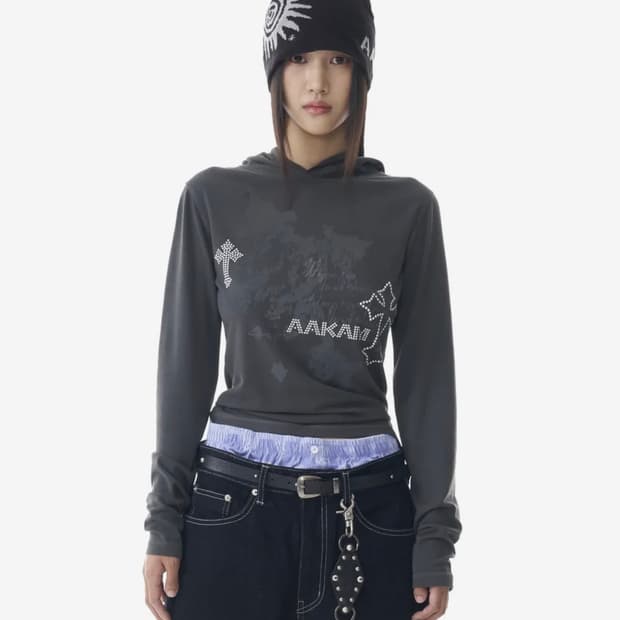 Studded Cross Hooded Long Sleeve (Dark G