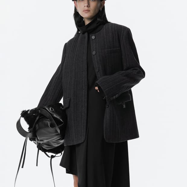 트리밍버드 Collarless Wool Jacket Dark Gray