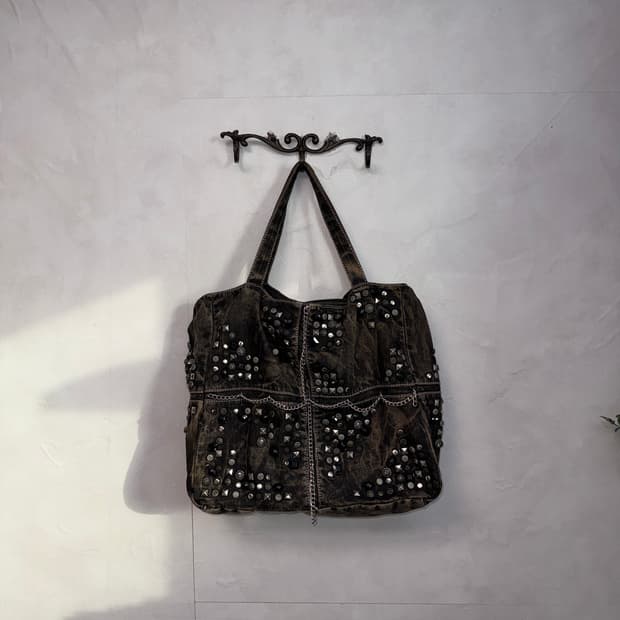 Black denim tie dye stud chain tote bag