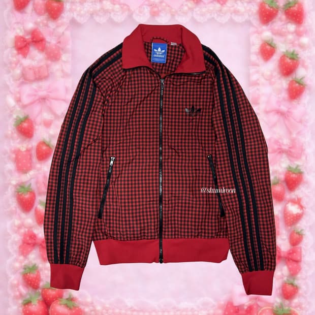 아디다스 딸기 체크 윈드져지 다크레드