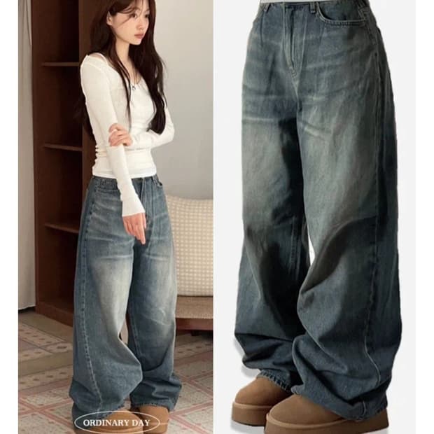 ootj 오오티제 보통의날 버킷 빈티지 워싱 와이드 데님 롱팬츠 m 중청