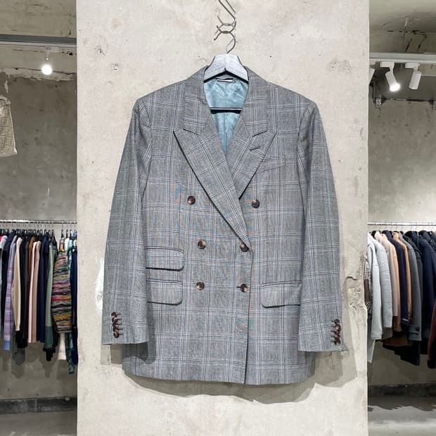 구찌 그레이 티켓 포켓 2B 더블 라나울 체크 블레이저