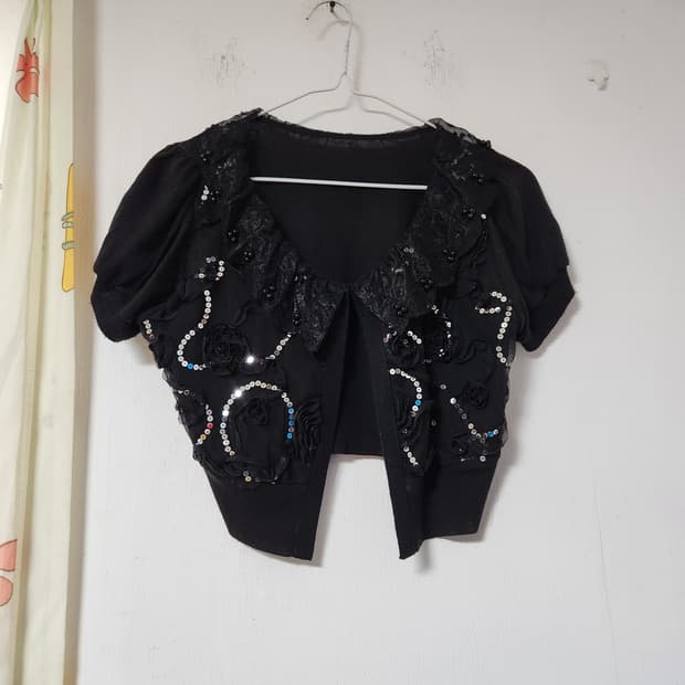 블랙 스팽글 레이스 장식 볼레로 가디건 S