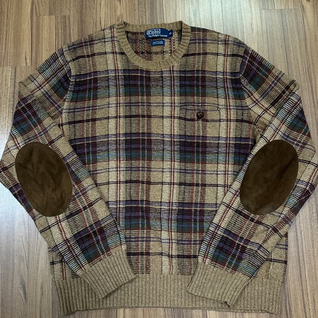 폴로 랄프로렌 엘보우패치 캐시미어 체크 스웨터 XL(loose 100) 