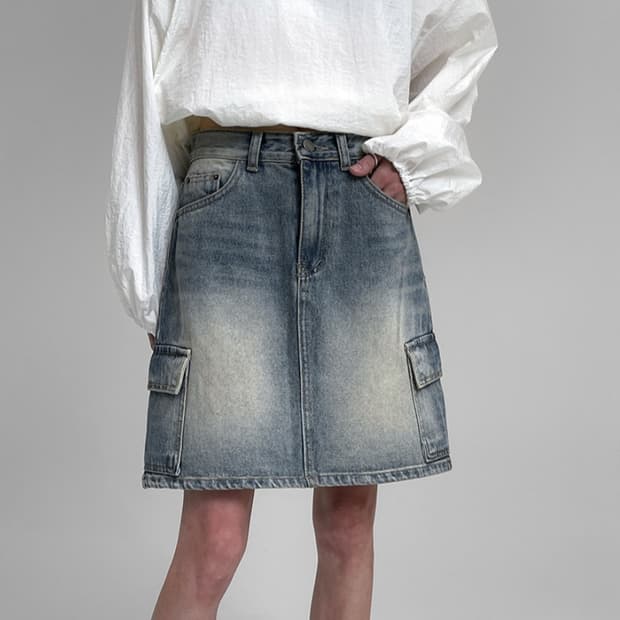 블랙업 이파 데님 카고 미디스커트