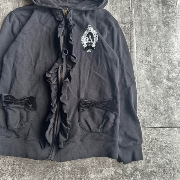 빈티지 고스로리 고스펑크 러블리 로걀 프릴 리본 후드 집업