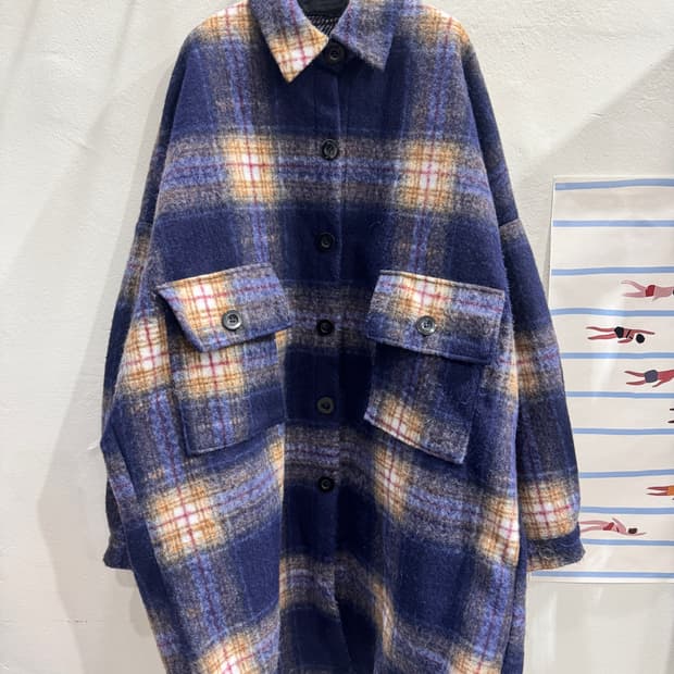 vintage 모헤어 오버핏 롱 체크코트