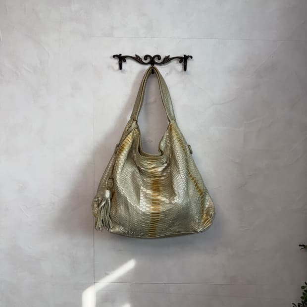 Gold beige python skin tote bag