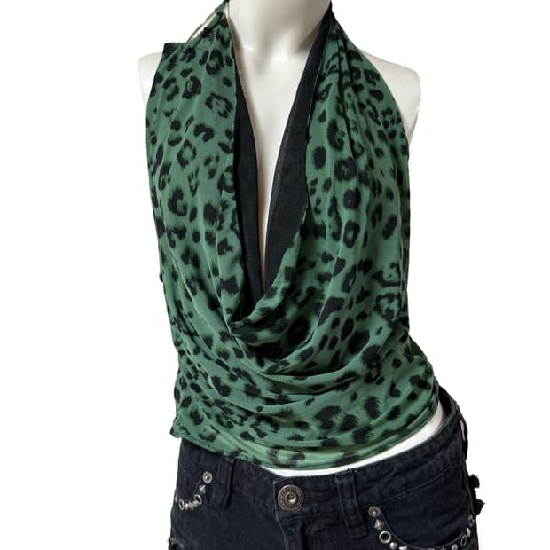 빈티지 갸루st y2k 그린 레오파드 홀터 탑