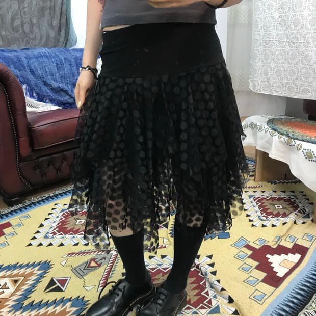 빈티지 여성 도트 밴딩 언발 미디스커트 