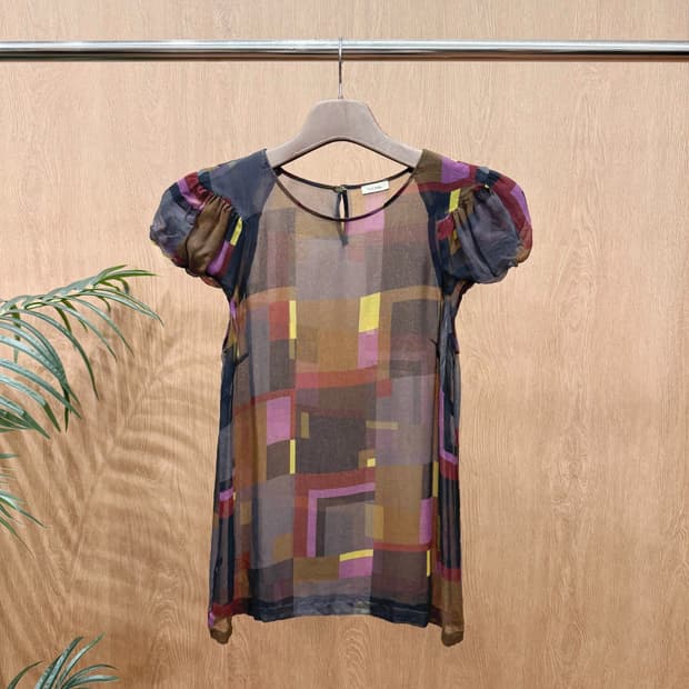 폴스미스 멀티 체크 시스루 퍼프소매 반팔 블라우스 티셔츠