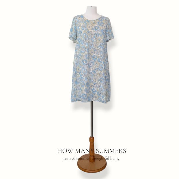 옐로우 블루 잔꽃 미니 원피스 튜닉 반팔 빈티지