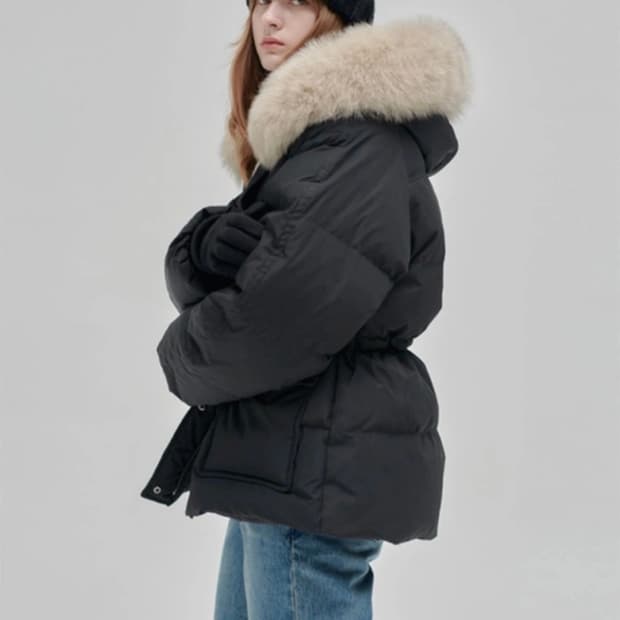 닐바이피 폭스퍼 후드 벨트 패딩 블랙