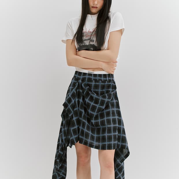민더리 CHECK DRAPED LONG SKIRT - BLACK