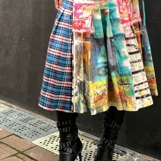 펑키 체크 믹스 아트 프린팅 스커트