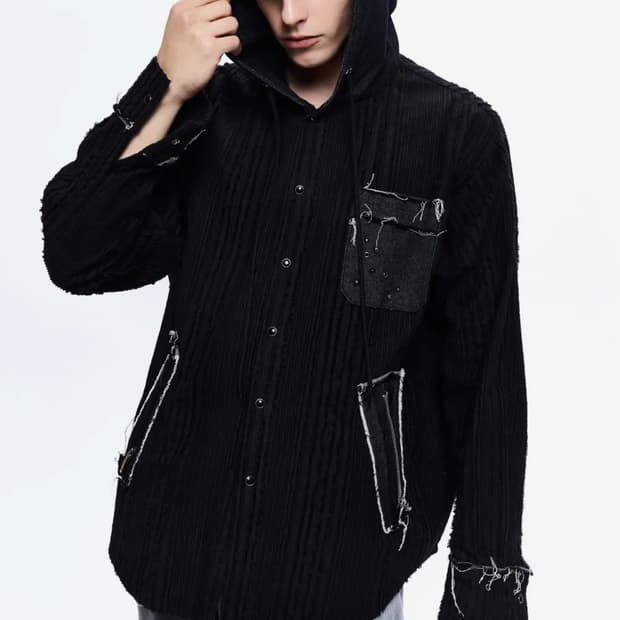 rssc 데님 믹스 트리밍 자카드 후드 셔츠