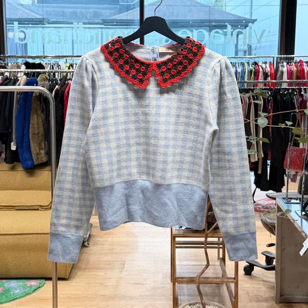 orla kiely 블루 체크 카라넥 니트 