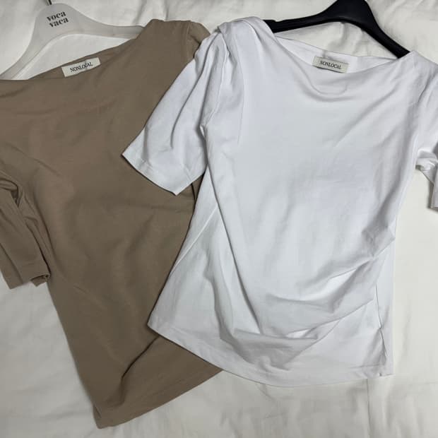논로컬 보트넥 셔링 반팔 티 - 화이트, 베이지