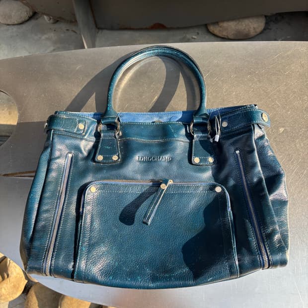 히피 딥블루 레더 멀티 포켓 토트백