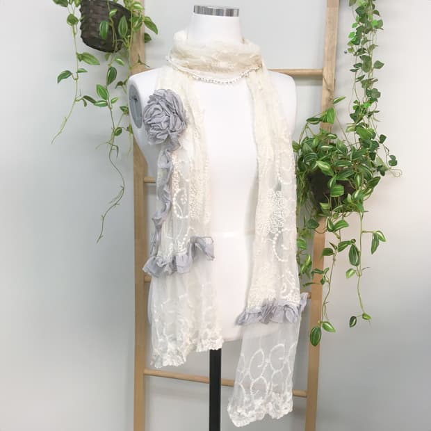 JPN/ 레이스 롱 스카프 아이보리 플라워 장식 오리엔탈스카프