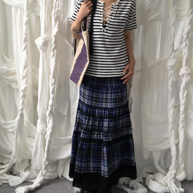 stripe pattern lace up t shirt