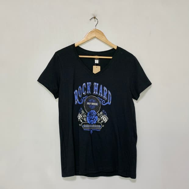 할리데이비슨 빈티지 펑크 프린팅 반팔 티셔츠 브이넥 남녀공용 L