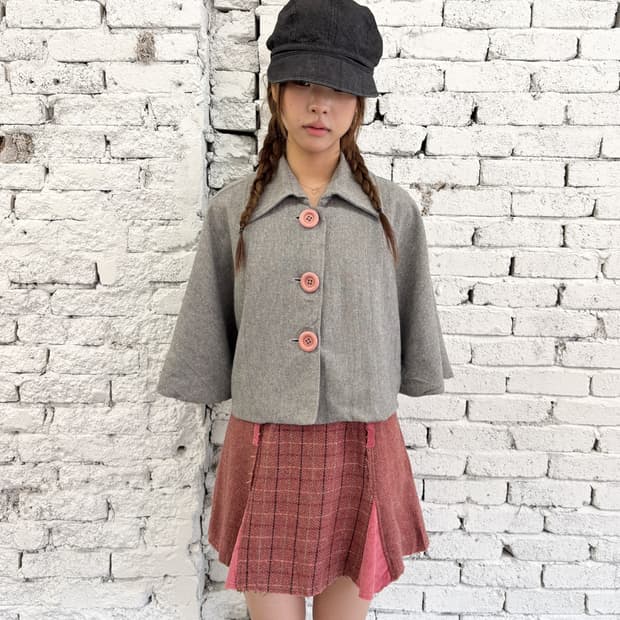 빈티지 핑크 버튼 케이프 자켓