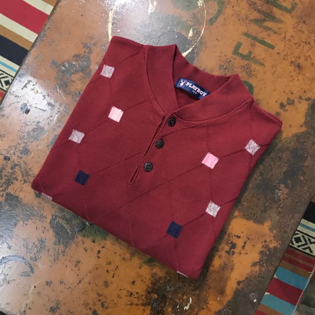 빈티지 플레이보이 버건디 아가일 패턴 헨리넥 니트 남성 105 사이즈