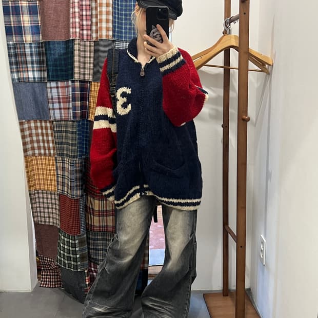 레드 앤 블루 니트 울 집업